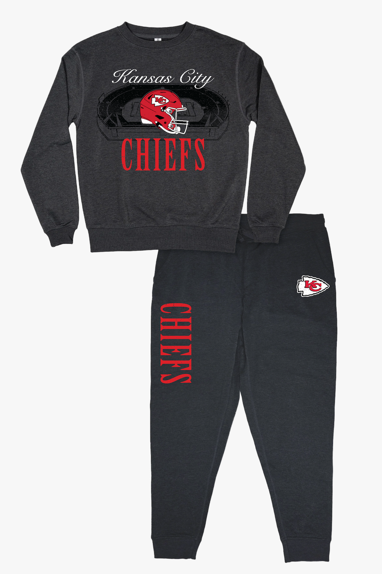 NFL Kansas City Chiefs Unisex Adult "Distressed Stadium" Dark Grey French Terry Lounge Set