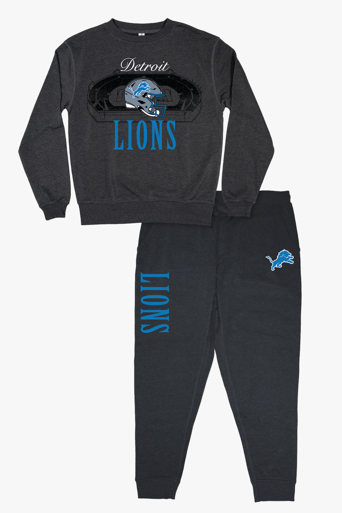 NFL Detroit Lions Unisex Adult "Distressed Stadium" Dark Grey French Terry Lounge Set