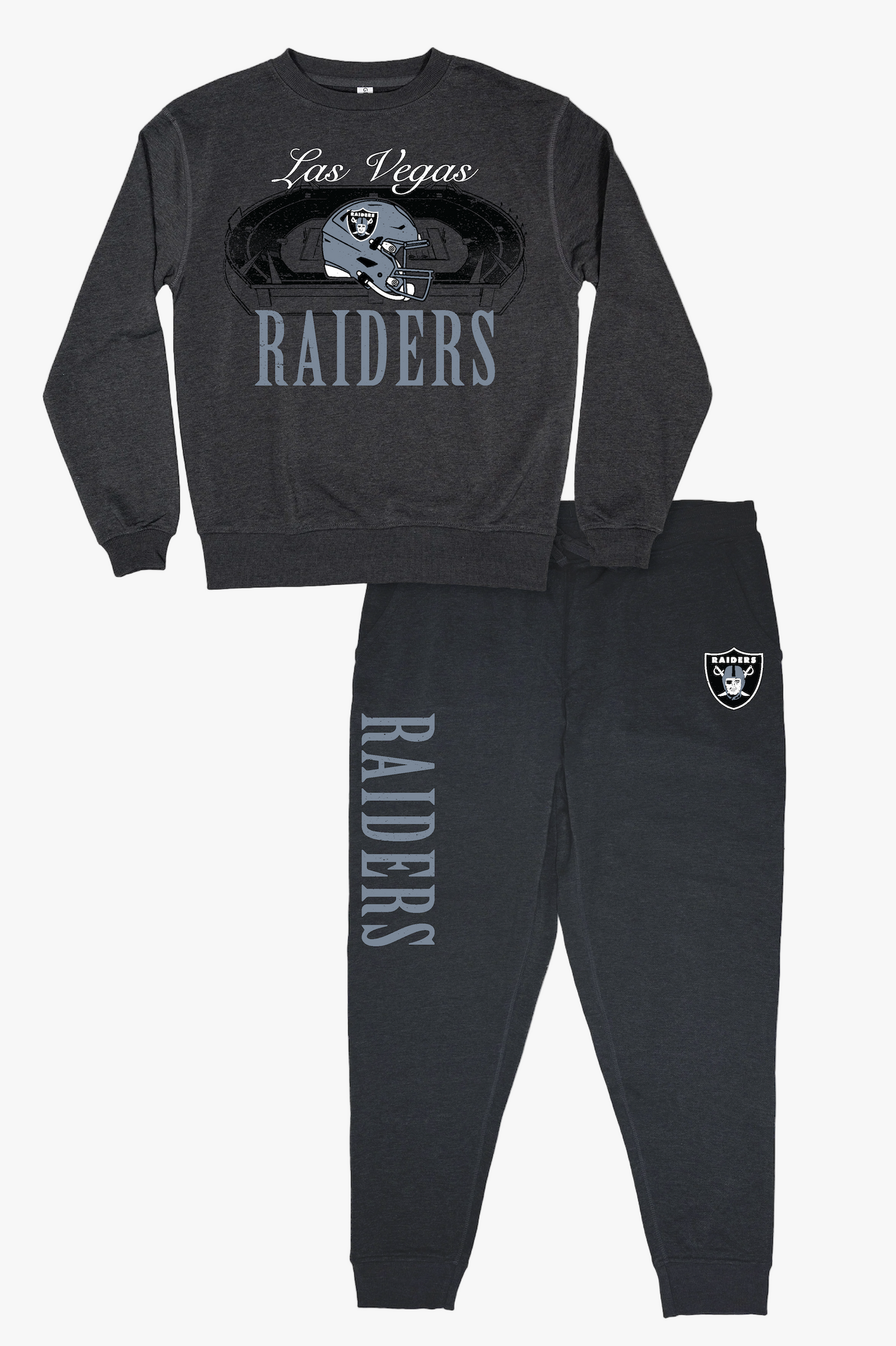 NFL Las Vegas Raiders Unisex Adult "Distressed Stadium" Dark Grey French Terry Lounge Set