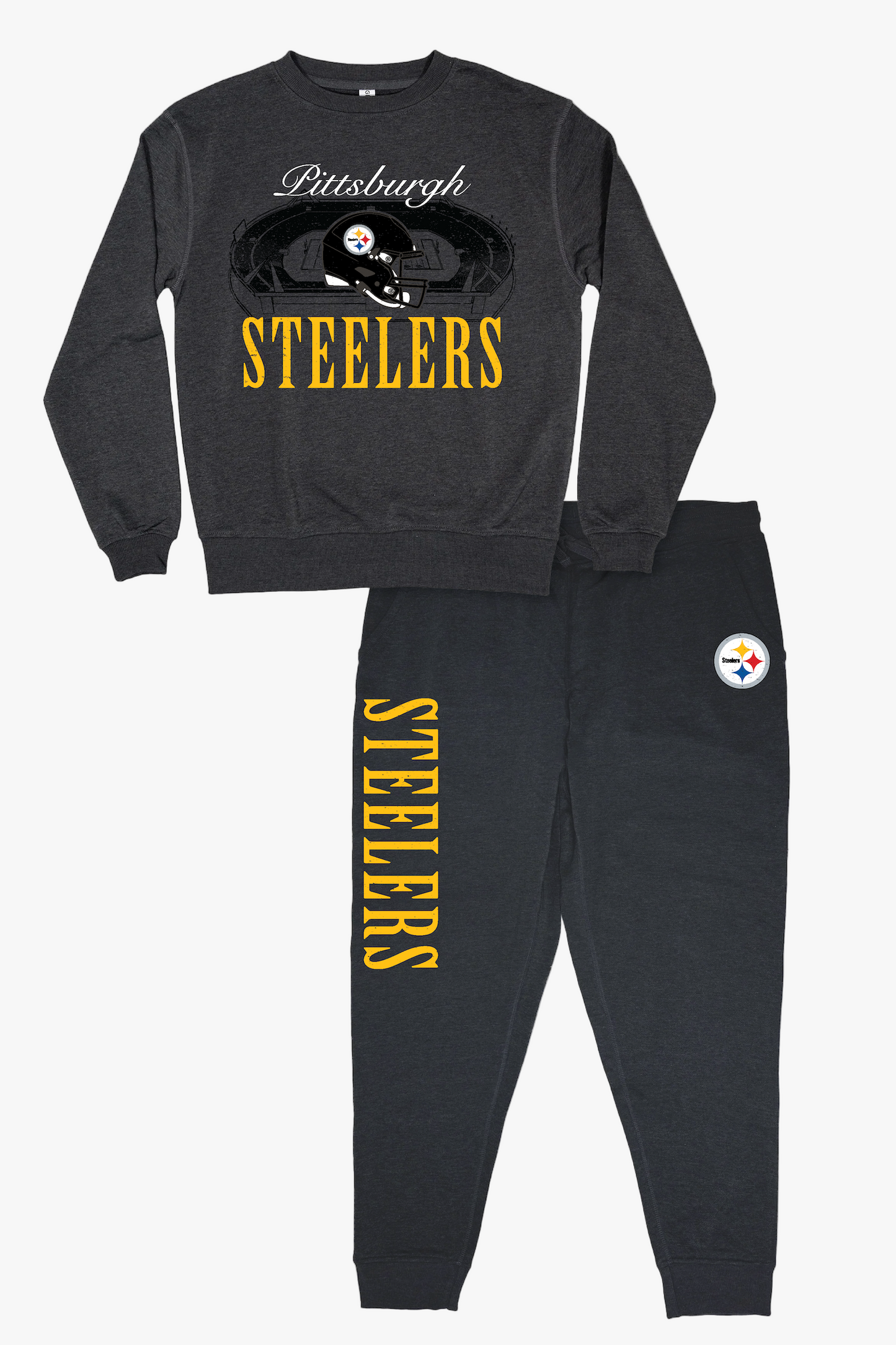 NFL Pittsburgh Steelers Unisex Adult "Distressed Stadium" Dark Grey French Terry Lounge Set