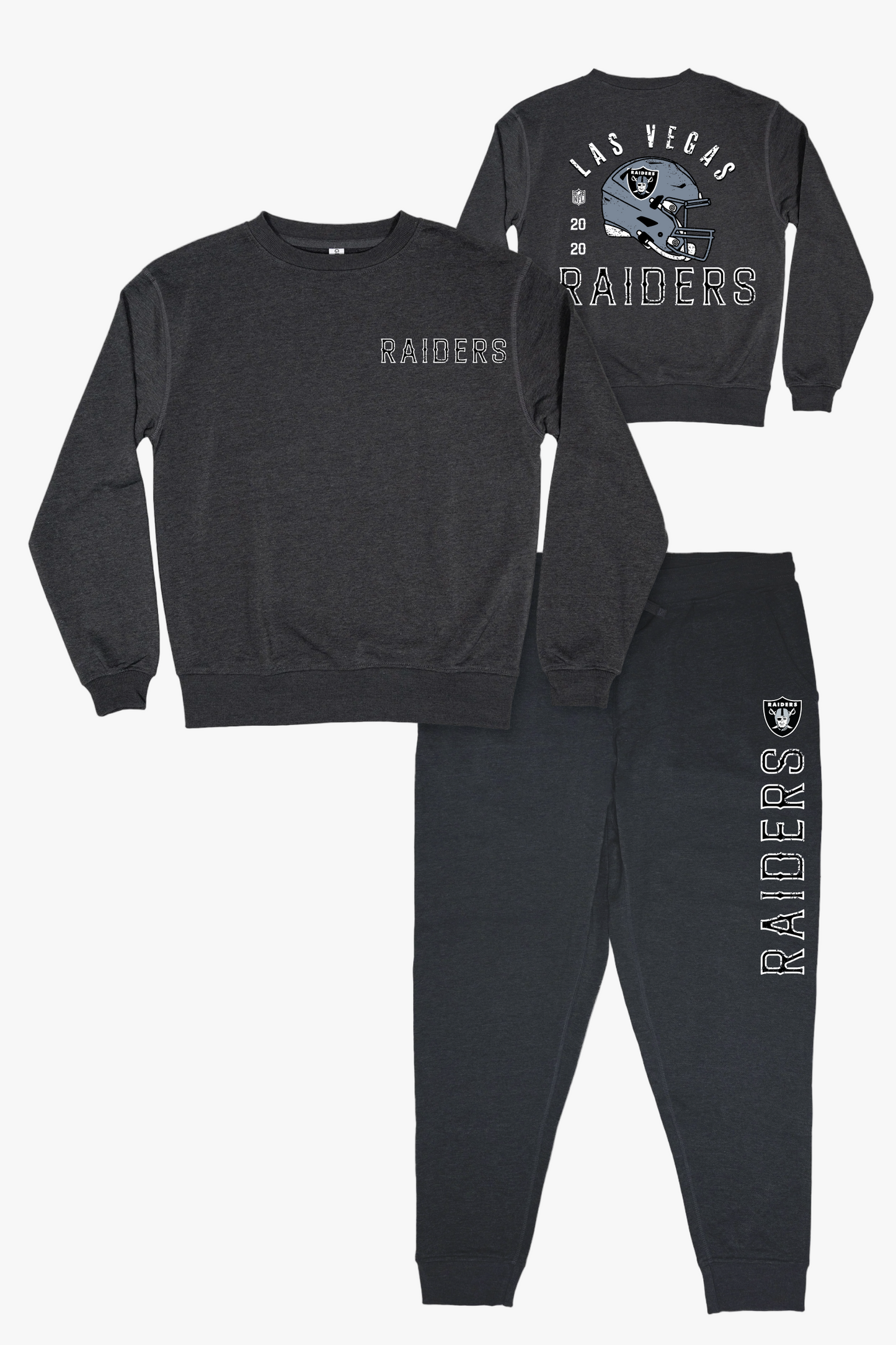 NFL Las Vegas Raiders Unisex Adult Adult Dark Grey French Terry Lounge Set With Vintage Helmet Design
