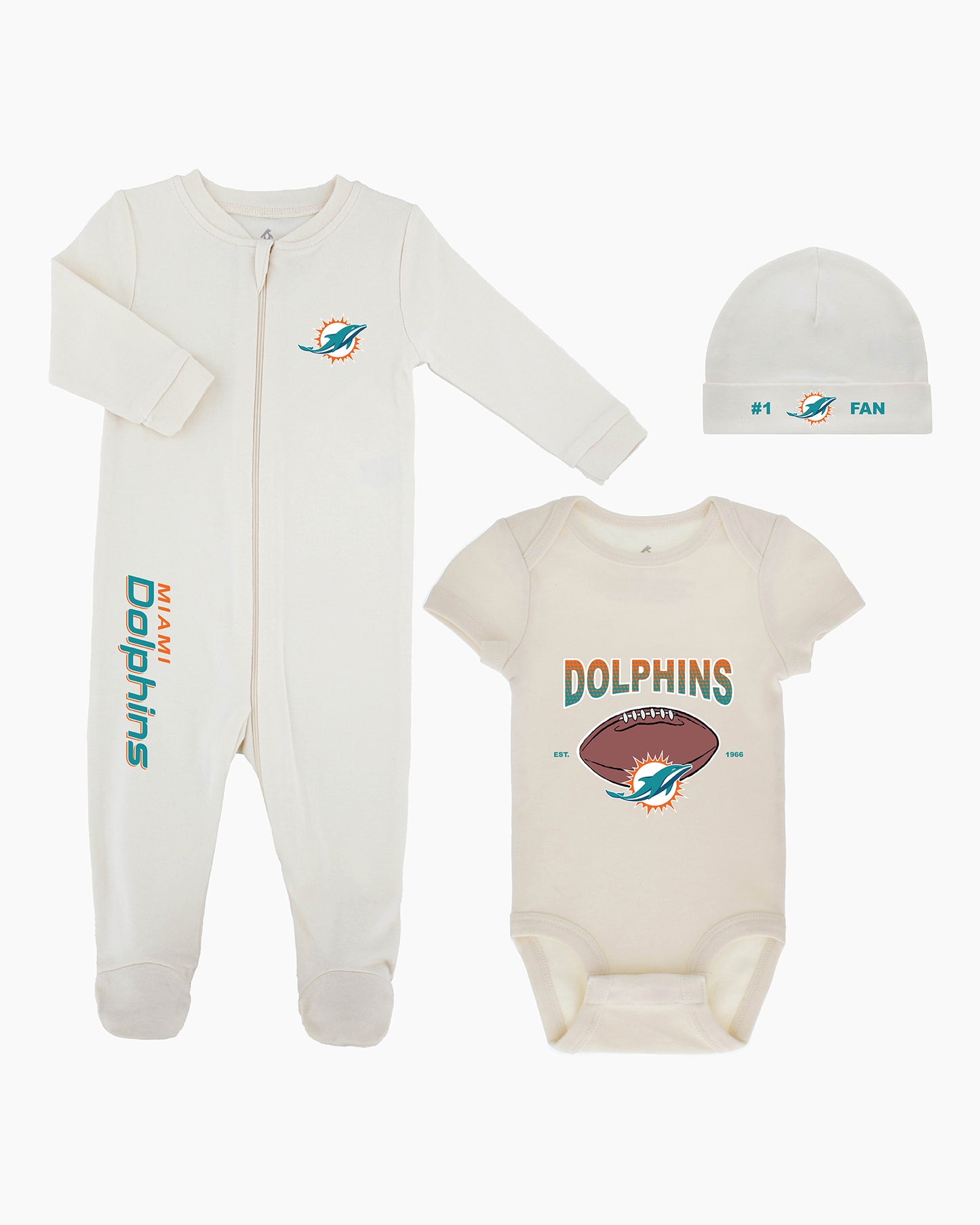 NFL Baby 3 Piece Organic Eggnog Layette Set - Miami Dolphins