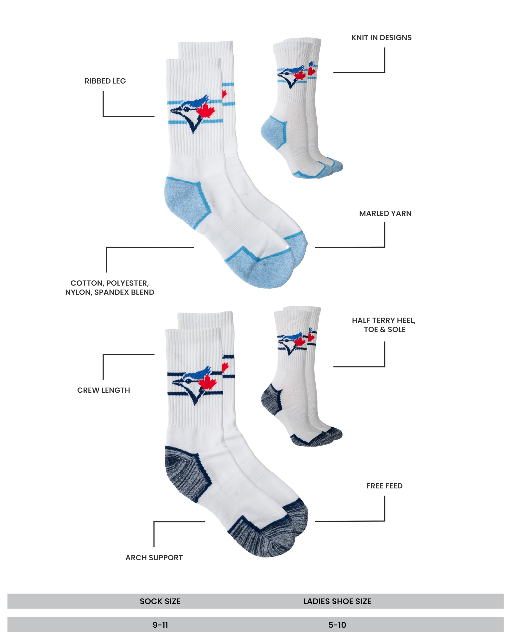 Gertex MLB Toronto Blue Jays Women's 2-Pack Athletic Sport Half Terry Cotton Crew Socks | Sock Size 9-11 (Shoe Size 5-10)