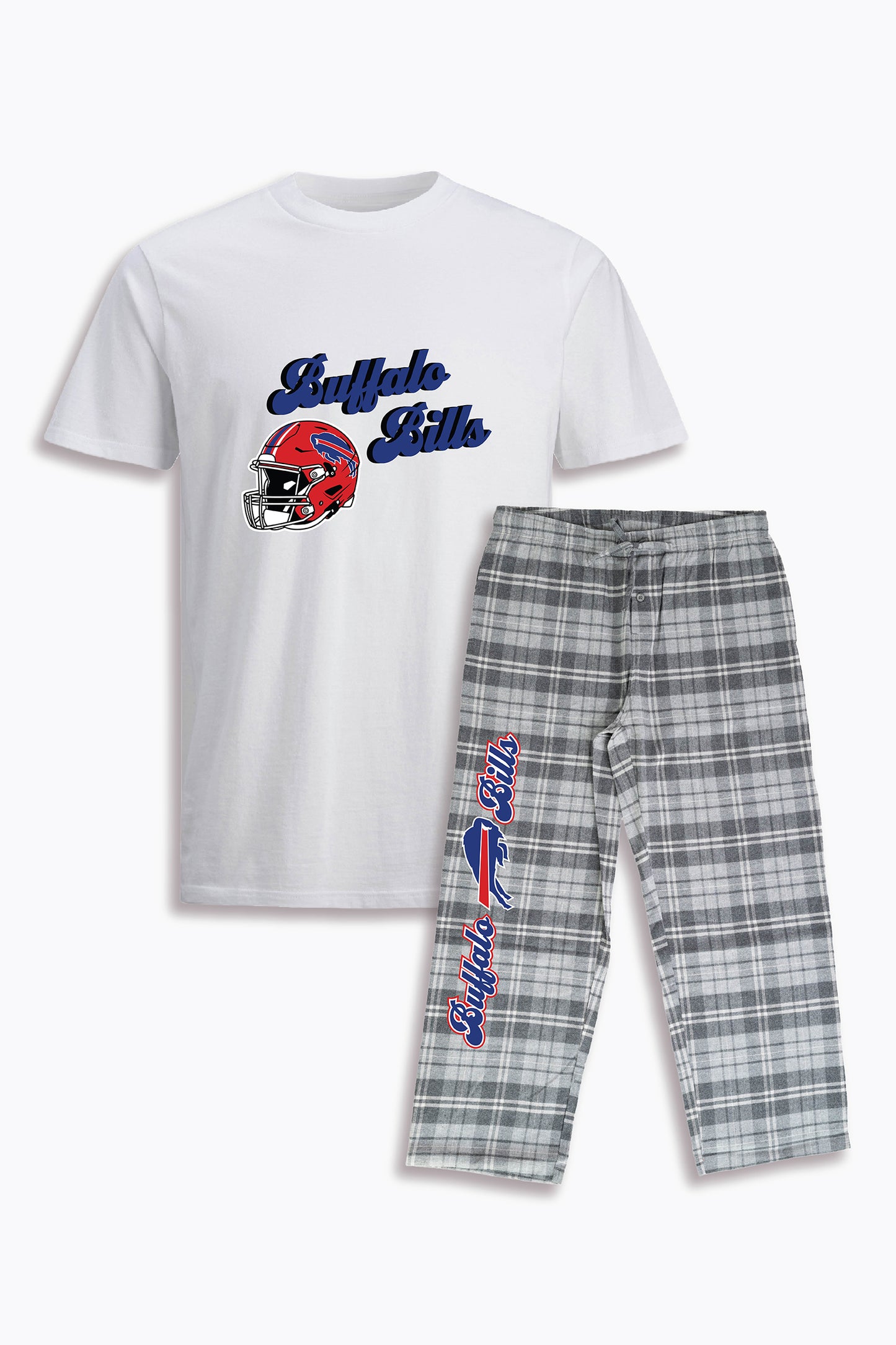 NFL Unisex Adult Pajama Set with Soft White Cotton T-Shirt & Light Grey Brushed Flannel Pants