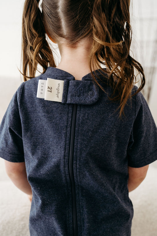 Kids Navy Lightweight Organic Cotton Adaptive, Anti-Strip, Back-Zip Romper